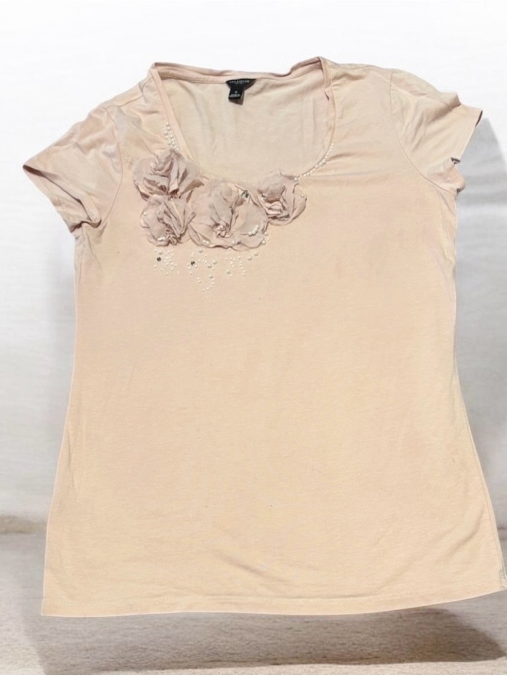Ann Taylor Blush Pink Floral Beaded Tee Top Size S